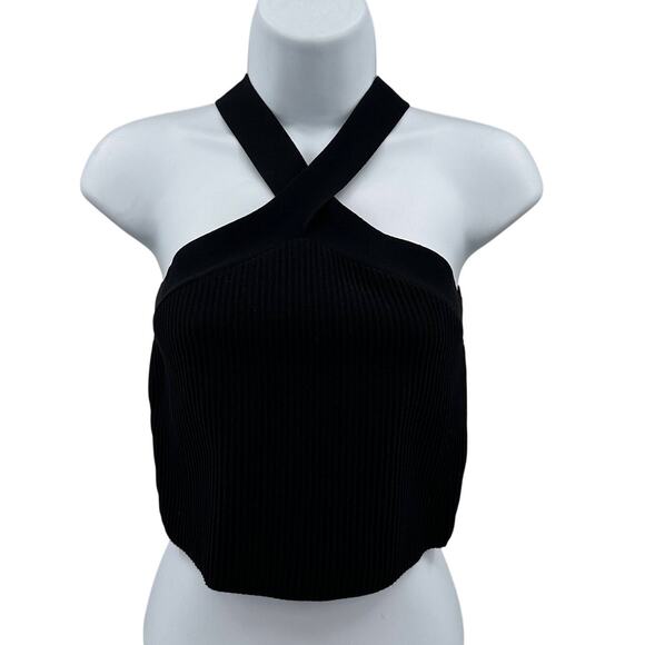 Sincerely Jules Criss Cross Halter Cropped Top WMNS M Black Ribbed Knit Stretch - Picture 2 of 8
